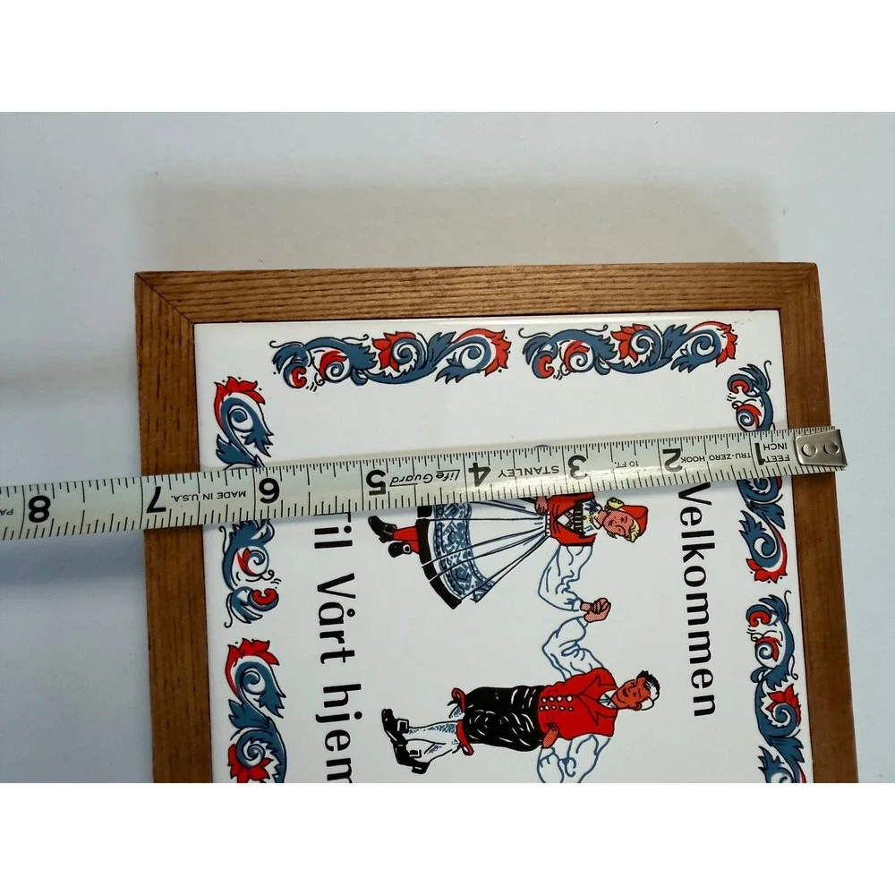 VTG  Norwegian Welcome Tile Wall Plaque Trivet  7x7 White Blue Red Folk Art